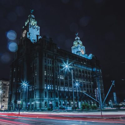 Night time shot of the Liver Building in Liverpool